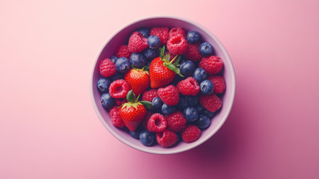 A beautiful bowl filled with fresh strawberries, blueberries, and raspberries sits on a soft pink background. Perfect for health and culinary themes.の素材