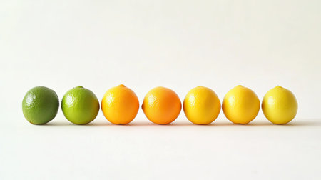 A vibrant arrangement of fresh citrus fruits including lime, orange, and lemon on a smooth background, showcasing their natural colors and textures. Ideal for food-related themes.の素材