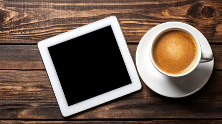 A minimalist layout featuring a tablet and a cup of coffee on a rustic wooden table. Perfect for themes of relaxation, technology, and casual workspace.の素材