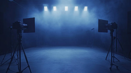 A captivating studio setup featuring lights and smoke, ideal for photography or videography projects. The atmospheric setting creates a unique backdrop for artistic expressions.の素材