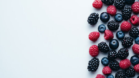 A vibrant assortment of fresh berries including raspberries, blackberries, and blueberries arranged on a clean white background, perfect for healthy food concepts.の素材