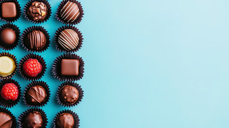 A beautiful arrangement of assorted chocolates on a blue background, showcasing a variety of shapes and textures, perfect for any celebration or gifting occasion.の素材