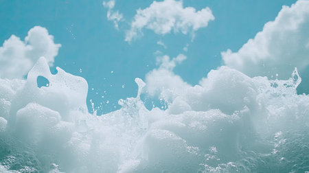 A beautiful scene showcasing waves and bubbles against a clear blue sky, accentuated by soft clouds, symbolizing tranquility and freshness in nature.の素材