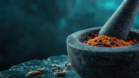 A close-up of colorful spices in a stone mortar, showcasing vibrant hues against a dark background, perfect for culinary themes and food artistry.の素材