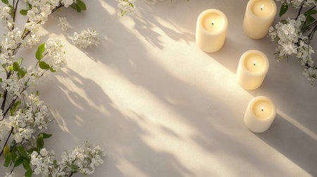 A tranquil scene featuring elegant candles surrounded by fresh flowers and soft shadows, perfect for evoking a sense of calm and serenity.の素材