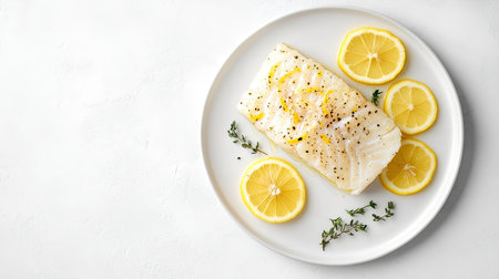 A beautifully arranged piece of fresh fish garnished with lemon slices and herbs, perfect for a healthy meal or culinary presentation.の素材