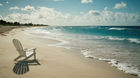 A serene beach scene featuring a solitary chair on soft sand, gentle waves lapping at the shore, and a beautiful sky. Perfect for evoking peace.の素材