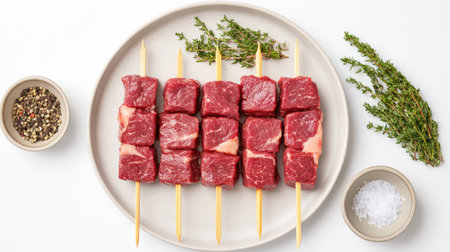 Fresh beef kebabs arranged on a plate, ready for seasoning. Perfect for grilling, these succulent meat cubes offer a delicious option for outdoor cooking.の素材
