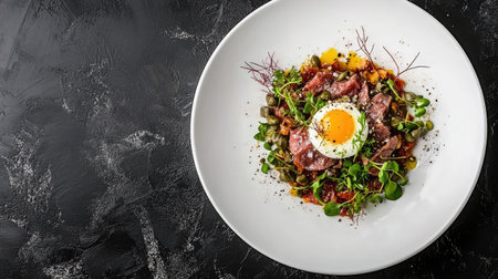 A vibrant salad featuring fresh vegetables, a soft-boiled egg, and microgreens. Perfect for showcasing healthy gourmet cuisine in dining settings.の素材