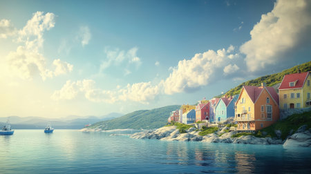 A vibrant coastal village with colorful houses beside calm waters, reflecting a serene sky filled with soft clouds. Ideal for travel and nature themes.の素材