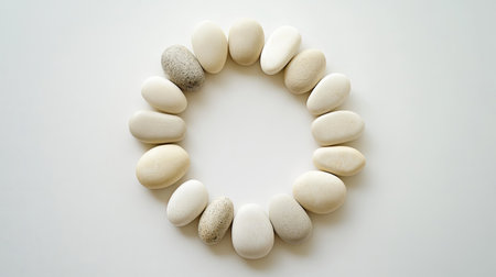 Circular arrangement of smooth white stones creates a minimalist and tranquil composition, perfect for spa, wellness, or decorative themes.の素材