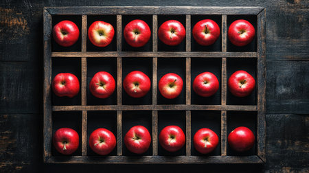 A beautiful arrangement of red apples in a rustic wooden tray showcases the vibrant color and freshness, perfect for culinary or seasonal themes.の素材