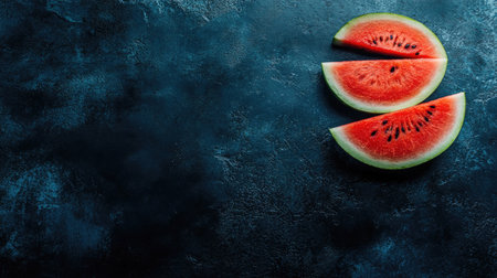 A vibrant image showcasing fresh watermelon slices resting on a dark textured background, perfect for summer themes, healthy eating, or food photography.の素材