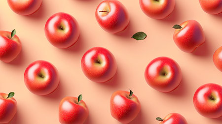A vibrant display of fresh red apples arranged neatly on a soft pastel background, showcasing their glossy texture and natural appeal in a healthy food concept.の素材
