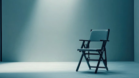 A minimalist wooden chair sits alone in an empty room, illuminated by soft lighting. The tranquil atmosphere emphasizes simplicity and elegant design.の素材