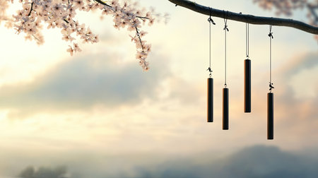 Serene wind chimes dangle softly from a cherry blossom tree, creating a peaceful scene that embodies tranquility and natural beauty in a spring landscape.の素材