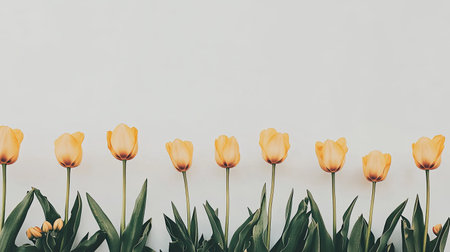 A serene arrangement of bright yellow tulips showcases the beauty of nature, perfect for spring-themed designs and floral aesthetics.の素材
