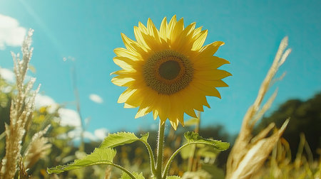A stunning sunflower stands tall against a clear blue sky, radiating vibrant colors. This image captures the essence of summer and nature's beauty.の素材