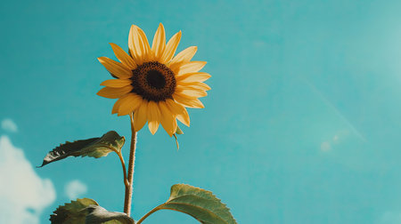 A stunning sunflower stands tall against a clear blue sky, embodying the essence of summer. Its vibrant yellow petals and brown center create a lively scene.の素材