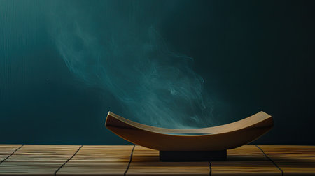 A minimalist wooden incense holder emits a gentle trail of smoke, creating a serene atmosphere perfect for relaxation and meditation at home.の素材