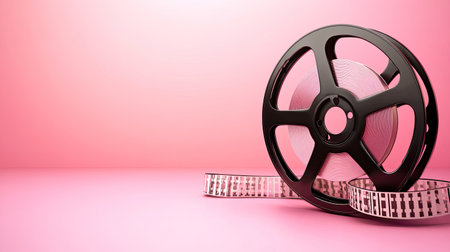 A stylish film reel placed on a soft pink background, perfect for creative projects. This image captures a modern and artistic vibe in film and media contexts.の素材