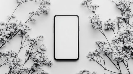 This monochrome image features a smartphone surrounded by delicate flowers, creating an elegant and minimalist aesthetic perfect for modern design projects.の素材