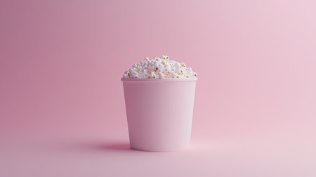 A vibrant image featuring a pink cup filled with fresh popcorn against a soft pink background, perfect for themes of comfort, snacking, and entertainment.の素材