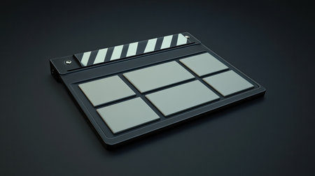 A classic film slate rests on a dark surface, ideal for movie production themes. Perfect for concepts in filmmaking, editing, and cinematic storytelling.の素材