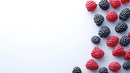 A vibrant arrangement of fresh raspberries and blackberries on a clean white background, perfect for showcasing healthy food options and summer flavors.の素材