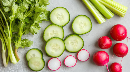 A vibrant collection of fresh vegetables including cucumber, celery, and radish, perfect for healthy meal preparation and garnishing dishes.の素材