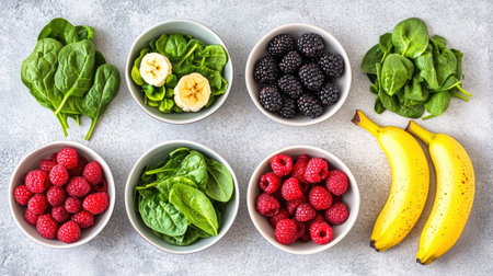 A vibrant arrangement of fresh fruits and greens including bananas, spinach, raspberries, and blackberries, perfect for promoting healthy eating habits.の素材