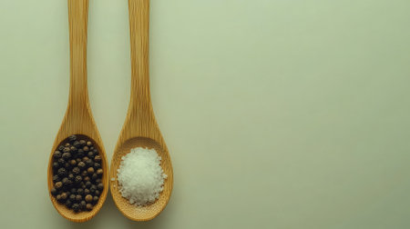 Two wooden spoons hold black pepper and white salt against a soft, light background, highlighting the simplicity and beauty of culinary ingredients.の素材