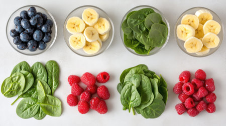 A vibrant arrangement of fresh blueberries, bananas, spinach, and raspberries in clear bowls. Perfect for healthy meal prep or vibrant smoothie recipes.の素材