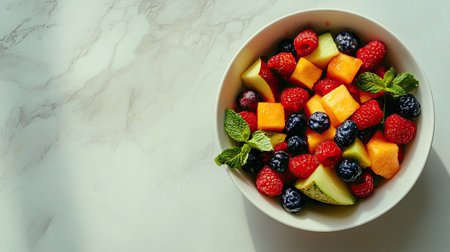 A vibrant bowl of fresh fruit salad featuring berries, melon, and mint, perfect for summer snacking or as a healthy dessert option.の素材