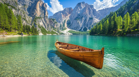 A tranquil lake scene featuring a wooden boat gently floating on crystal-clear waters, surrounded by majestic mountains and lush green forests, offering a serene escape.の素材