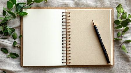A serene flat lay image featuring a blank notebook, a pen, and lush green leaves on a textured fabric surface, perfect for inspiration and creativity.の素材
