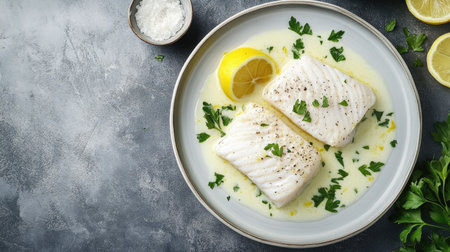 A beautifully plated fish fillet with lemon sauce and fresh herbs. This vibrant dish showcases the natural flavors and textures, perfect for any meal.の素材