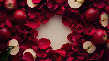 A stunning arrangement of red apples and rose petals creates a vibrant and elegant display on a white background, ideal for seasonal designs and romantic themes.の素材