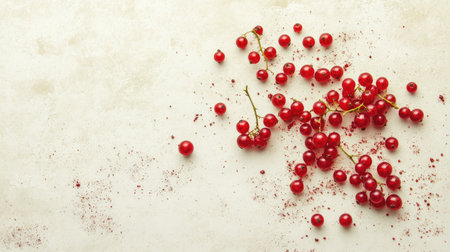 Bright red berries scattered on a light background, showcasing their vibrant color and natural beauty. Ideal for food-related themes and summer concepts.の素材