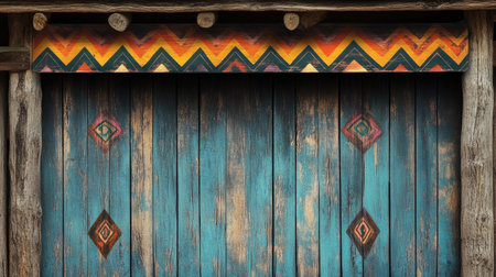 A close-up view of a colorful wooden door featuring intricate designs and a vibrant blue background. The door showcases unique artistic elements and craftsmanship.の素材