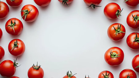 A vibrant display of fresh red tomatoes arranged in a circle on a clean white background, ideal for culinary and health-themed projects.の素材