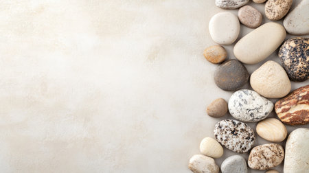 A collection of smooth pebbles arranged on a neutral background, perfect for conveying calmness, relaxation, and natural beauty in design projects.の素材