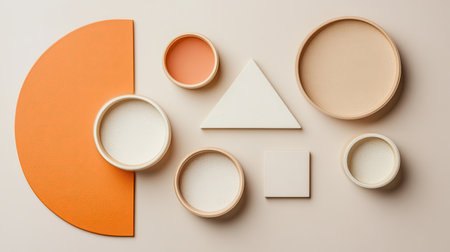 A creative arrangement of geometric shapes and colorful plates, showcasing minimal design and modern aesthetic vibes suitable for various artistic projects.の素材