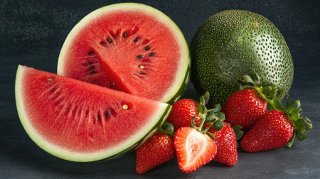 A stunning arrangement of fresh watermelon and strawberries, showcasing vibrant colors and textures. Ideal for healthy eating, summer themes, and food styling.の素材