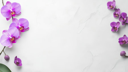 Beautiful arrangement of elegant purple orchids on a clean white marble background, perfect for adding a touch of beauty and serenity to any space.の素材