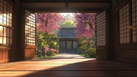 A serene view from a traditional Japanese interior, showcasing cherry blossoms and lush greenery in a peaceful garden setting. Perfect for relaxation.の素材