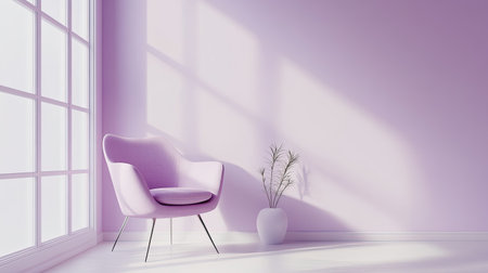 A peaceful modern interior featuring a lavender wall, a stylish chair, and a potted plant. Ideal for cozy living room designs and tranquil spaces.の素材