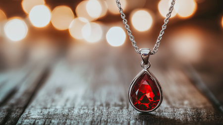 A stunning red gemstone pendant necklace elegantly displayed on a rustic wooden surface, illuminated by soft, blurred lights, creating a warm and inviting atmosphere for fashion lovers.の素材