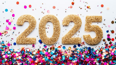 Celebrate the arrival of 2025 with this vibrant image featuring sparkling gold numbers surrounded by colorful confetti, perfect for event decorations and social gatherings.の素材