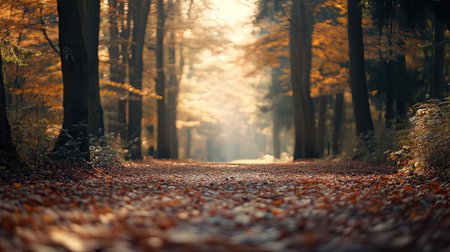 A tranquil autumn forest pathway inviting a serene walk, featuring vibrant fall foliage and soft sunlight filtering through tall trees, creating a picturesque atmosphere.の素材